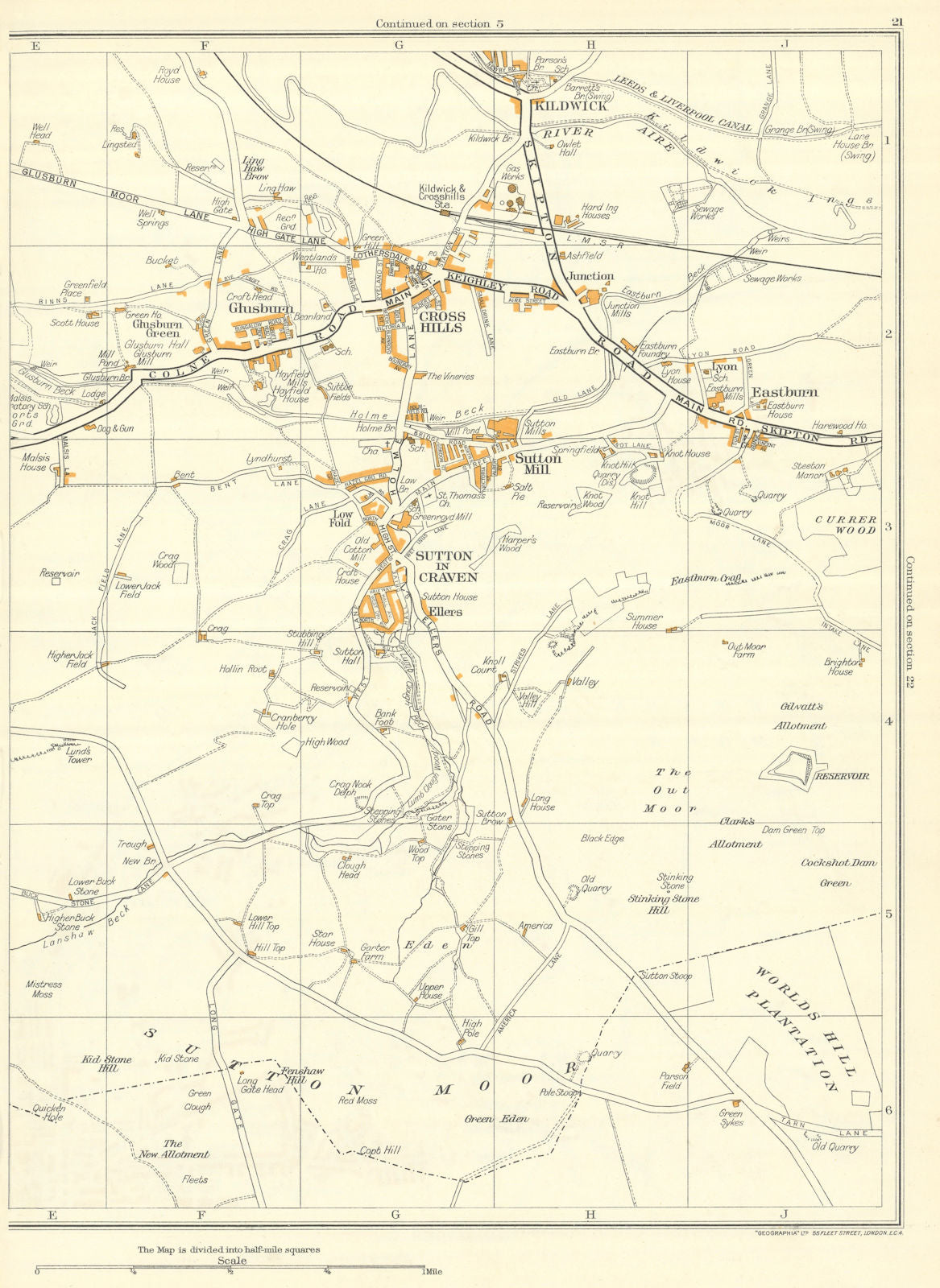 YORKSHIRE Sutton In Craven Sutton Mill Glusburn Kildwick Eastburn 1935 old map